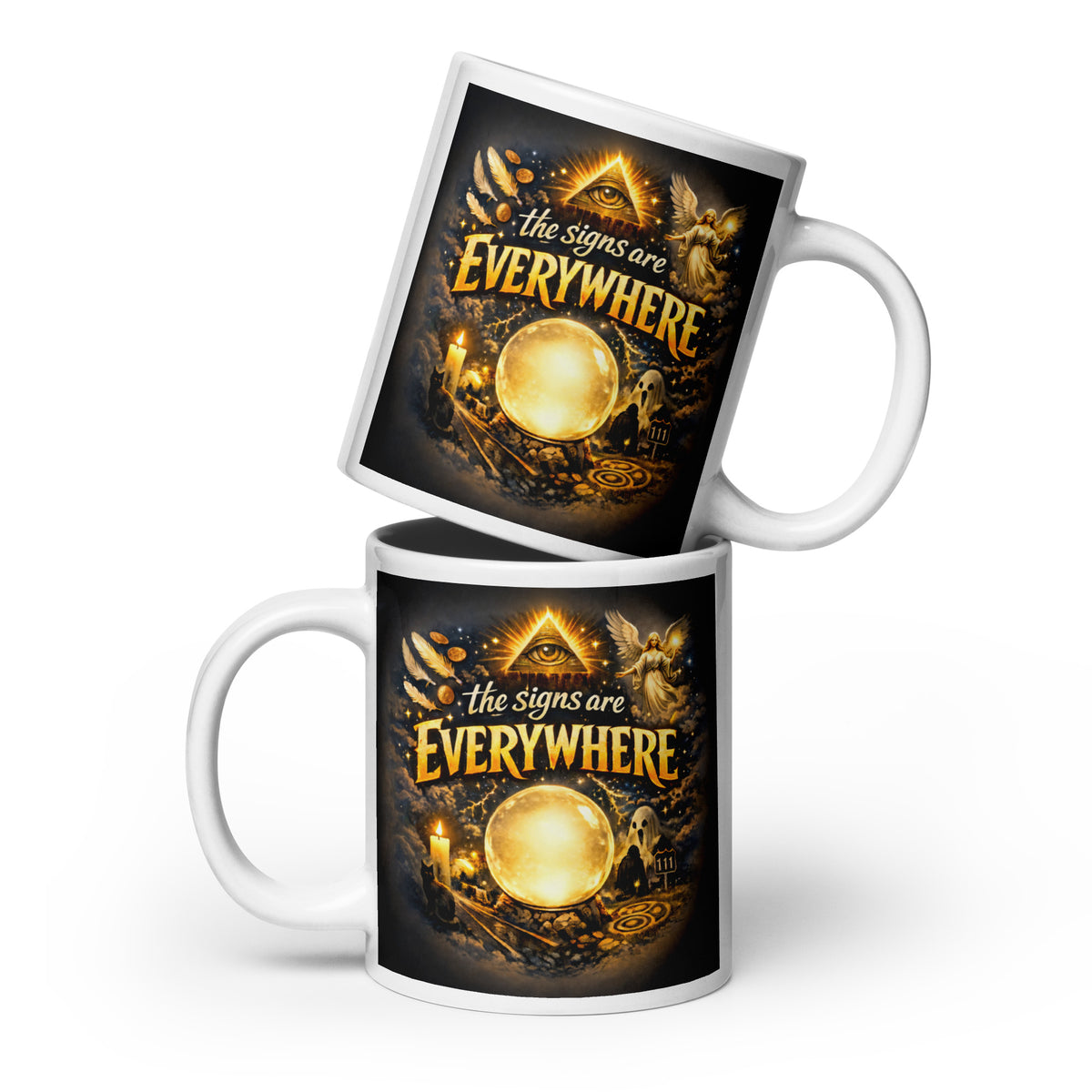 The Signs Are Everywhere design, an all-seeing eye, an angel, a glowing crystal ball, a ghost and a 111 road sign, in gold on black, on a white glossy mug, 20 oz, front view