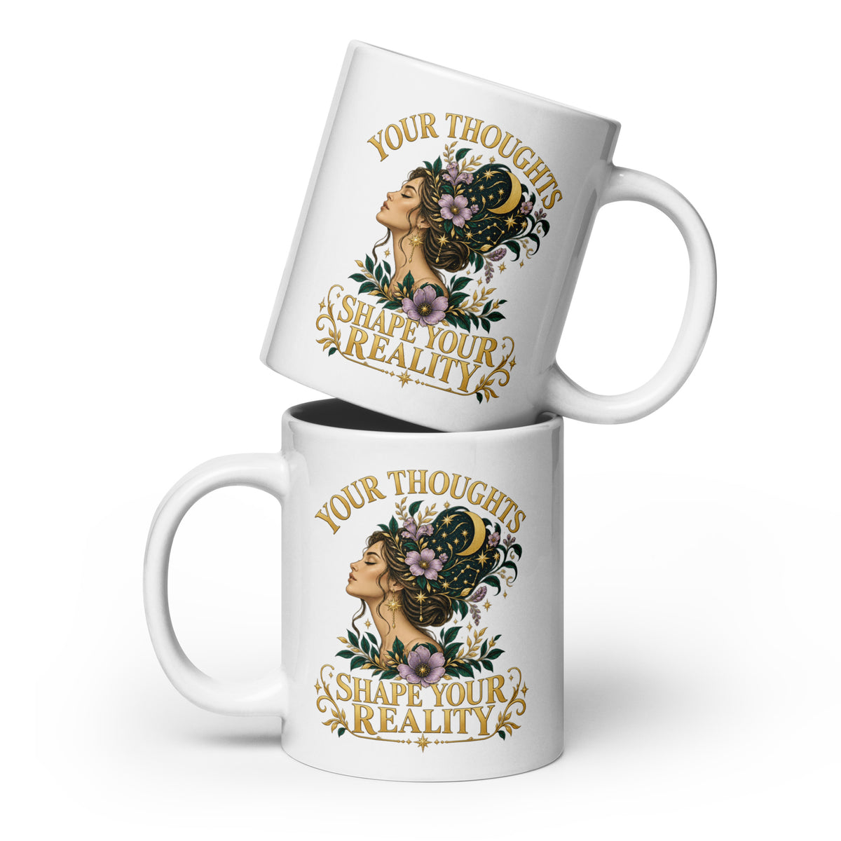 Your Thoughts Shape Your Reality 20 oz white glossy mug, front view. Gold lettering above a woman's profile with celestial imagery.