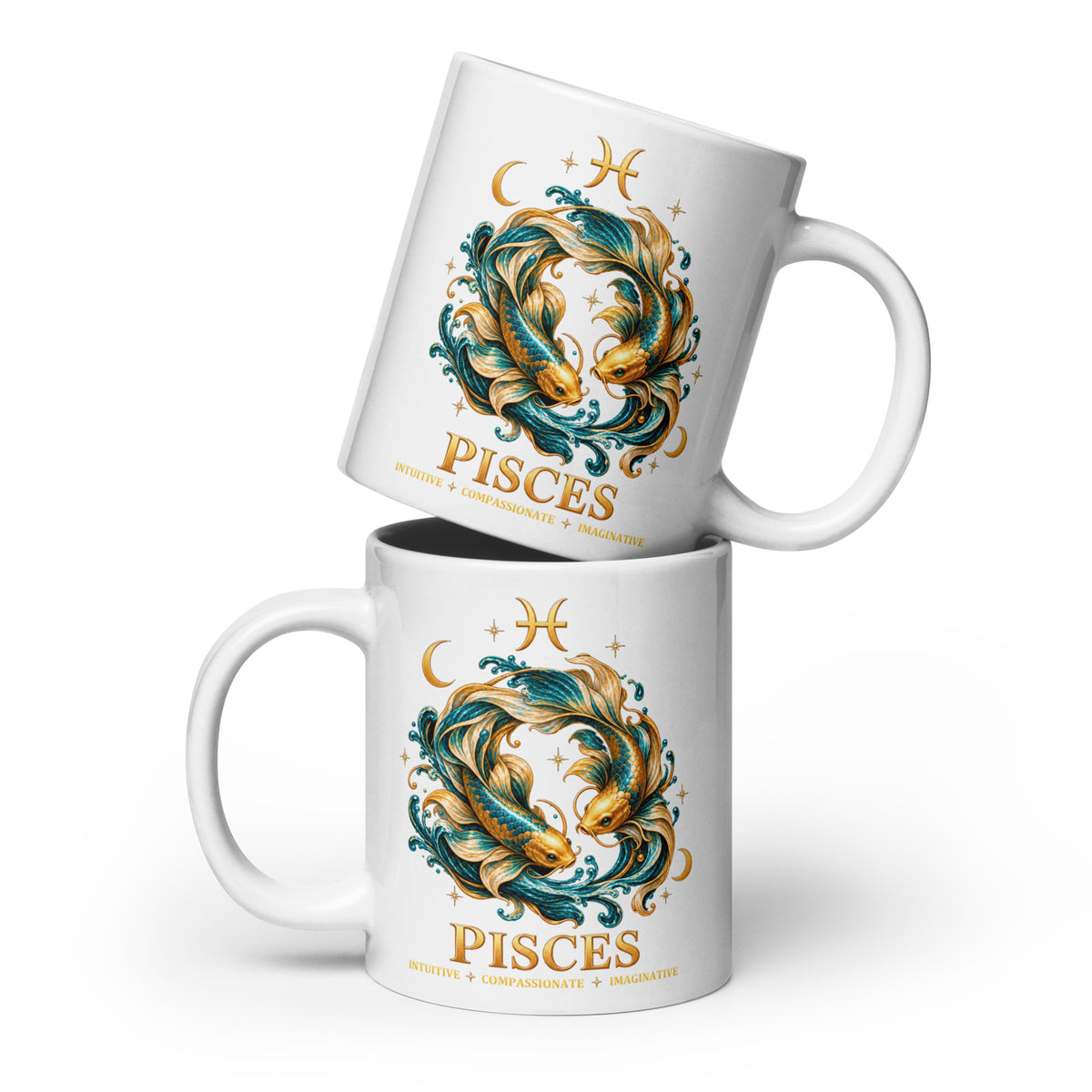 Pisces zodiac mug, 20 oz white glossy, front: two gold and teal koi in a night sky of gold stars with the Pisces glyph