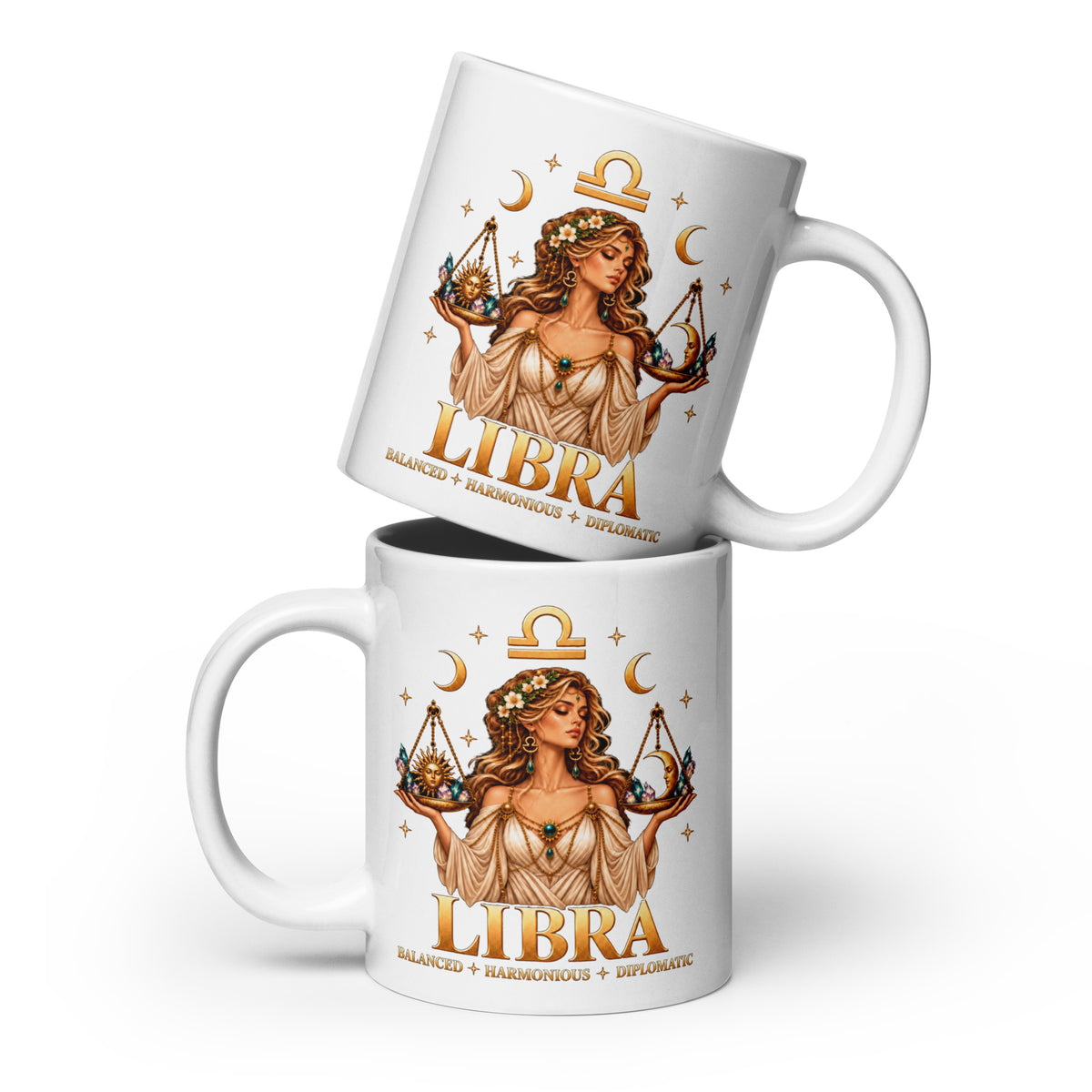Libra zodiac mug, 20 oz white glossy, front: a woman holding golden scales in a night sky of gold stars with the Libra glyph