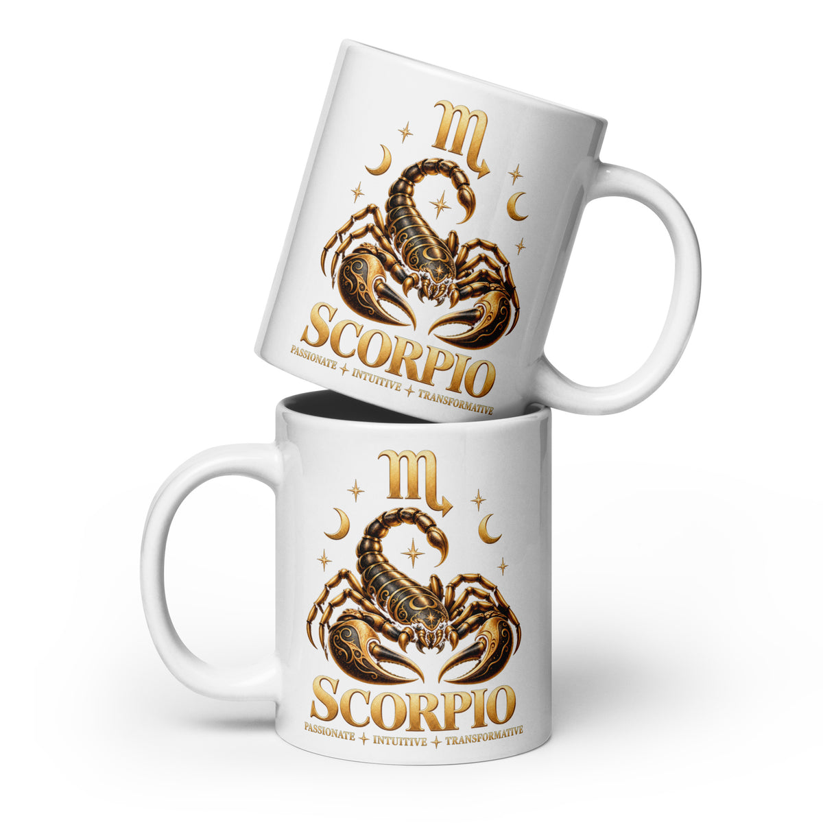Scorpio zodiac mug, 20 oz white glossy, front: a golden scorpion in a night sky of gold stars with the Scorpio glyph