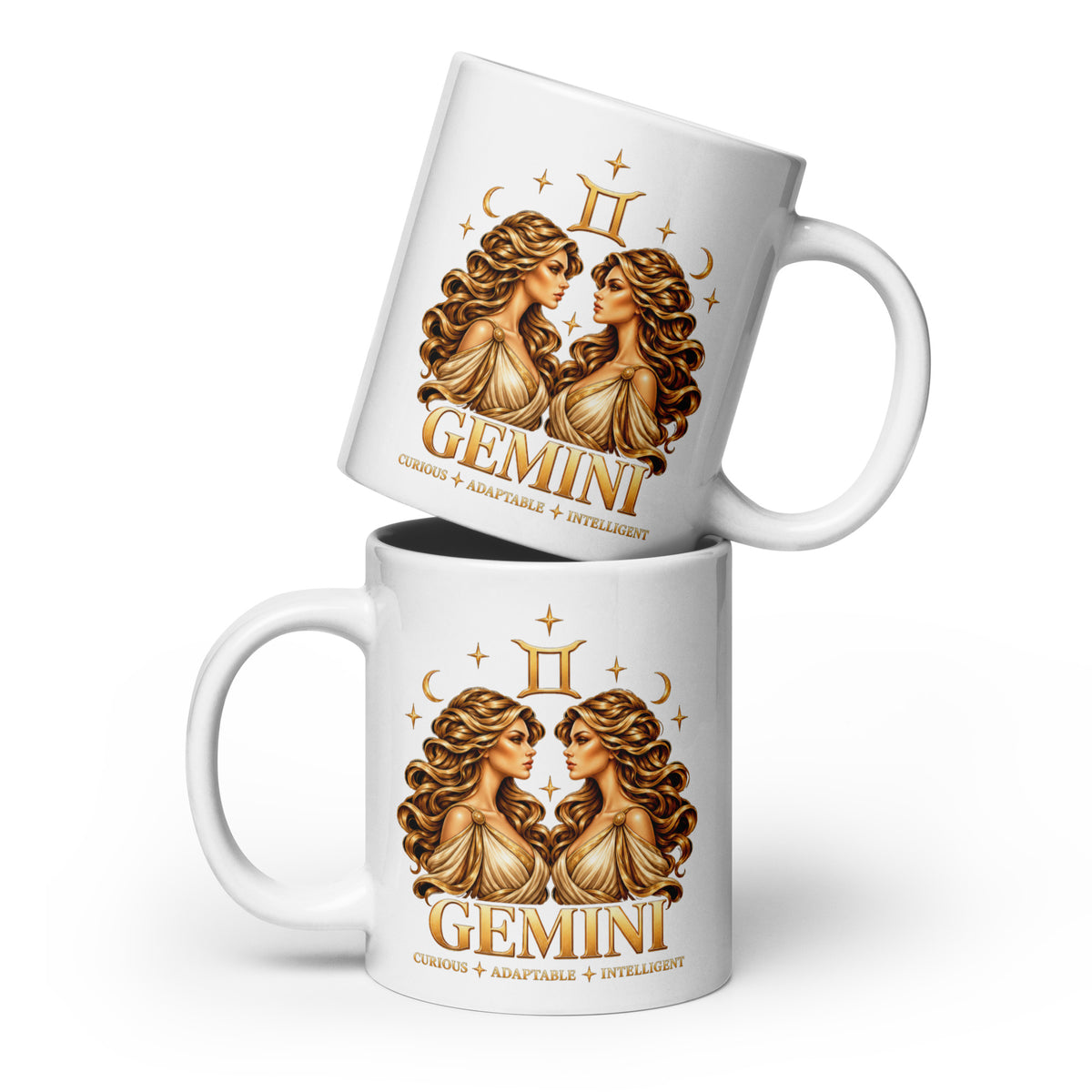 Gemini zodiac mug, 20 oz white glossy, front: golden twins face to face in a night sky of gold stars