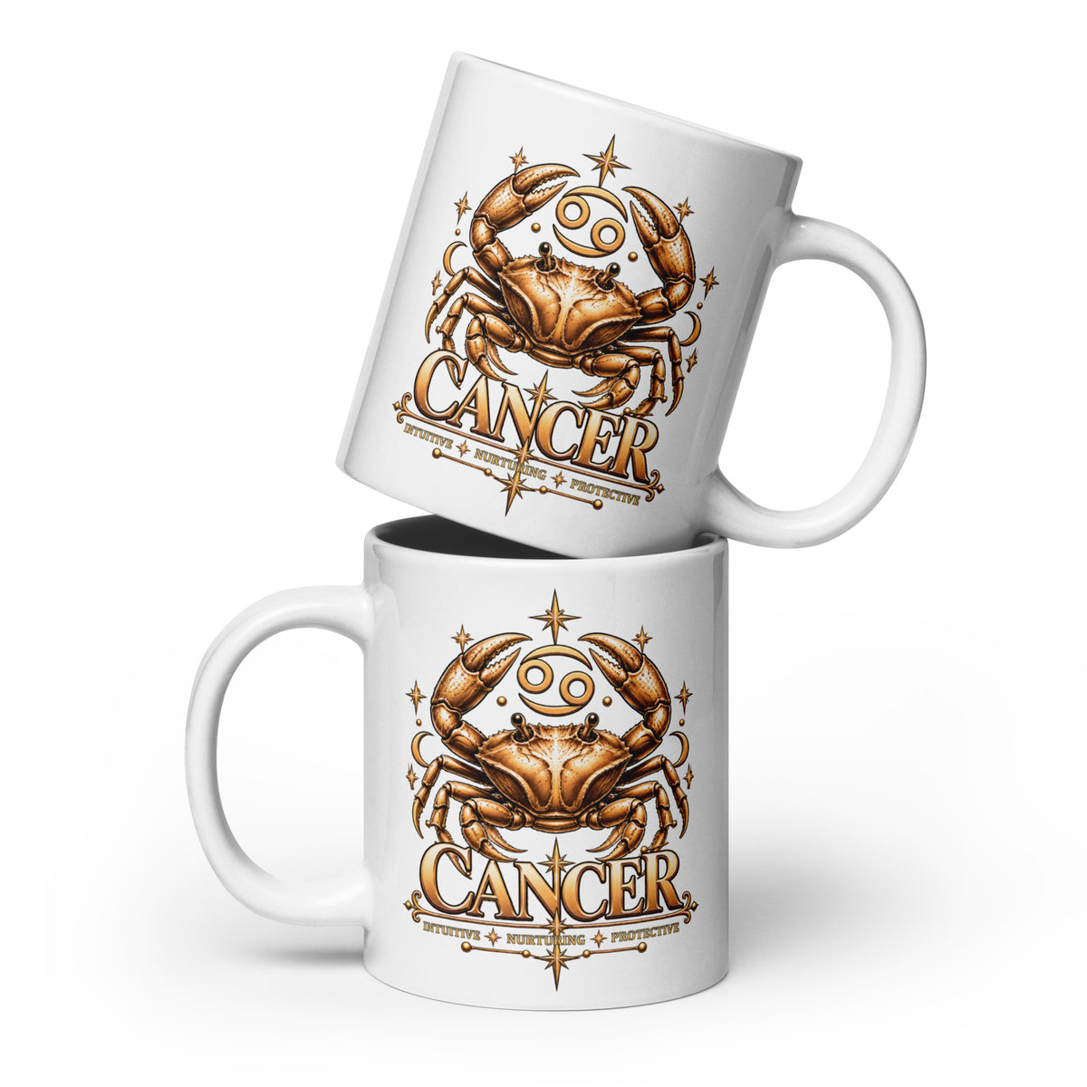 Cancer zodiac mug, 20 oz white glossy, front: a golden crab with claws raised in a night sky of gold stars