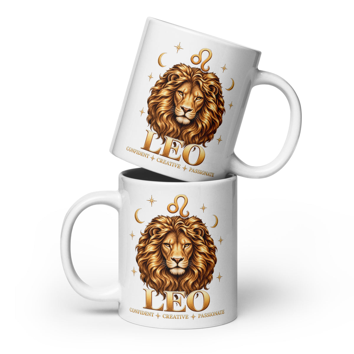 Leo zodiac mug, 20 oz white glossy, front: a golden lion with a full flowing mane in a night sky of gold stars