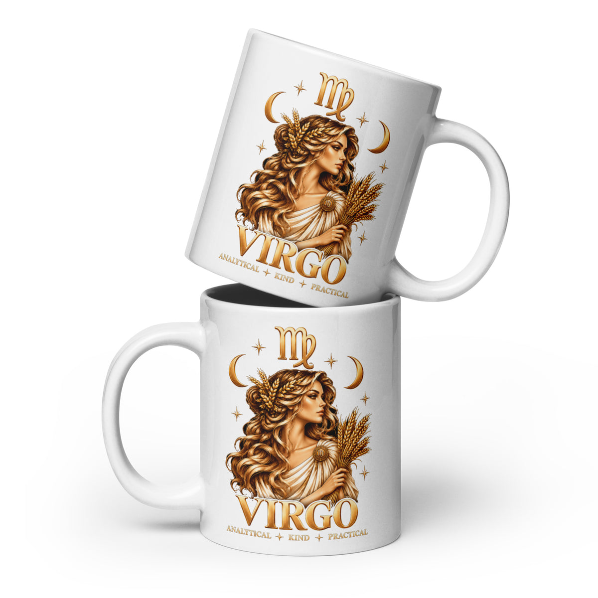 Virgo zodiac mug, 20 oz white glossy, front: a golden maiden holding a sheaf of wheat in a night sky of gold stars
