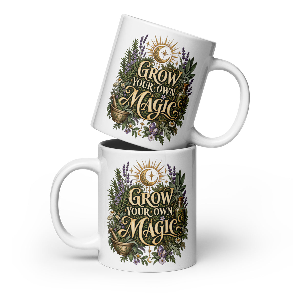 Grow Your Own Magic herbology design on a 20 oz white glossy mug, front view