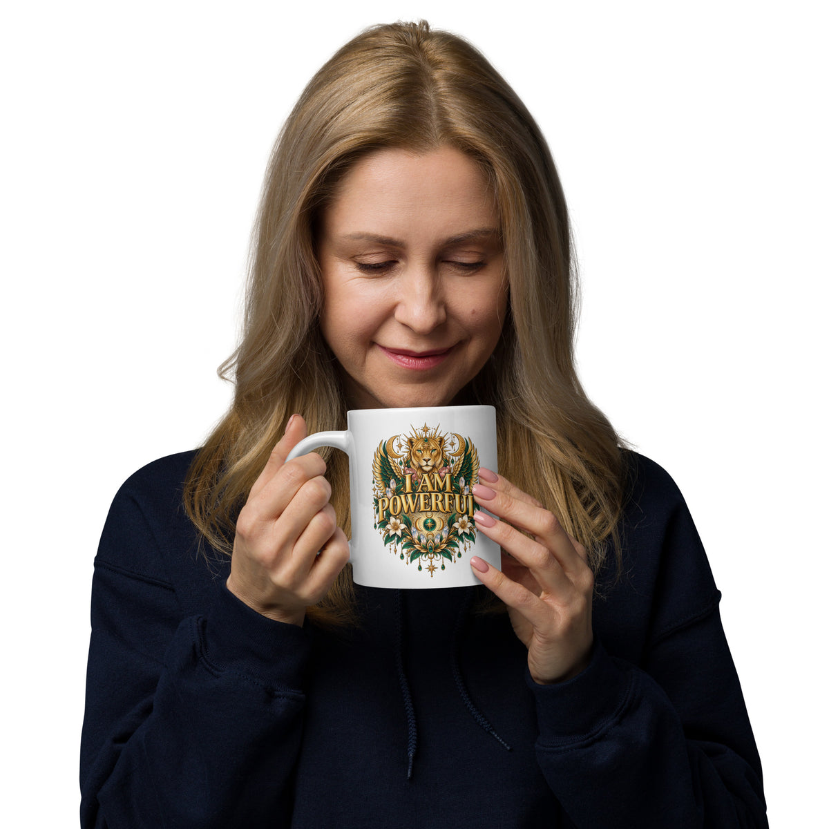I Am Powerful affirmation design, a crowned winged lioness, on a white glossy mug, 20 oz, handle on the left