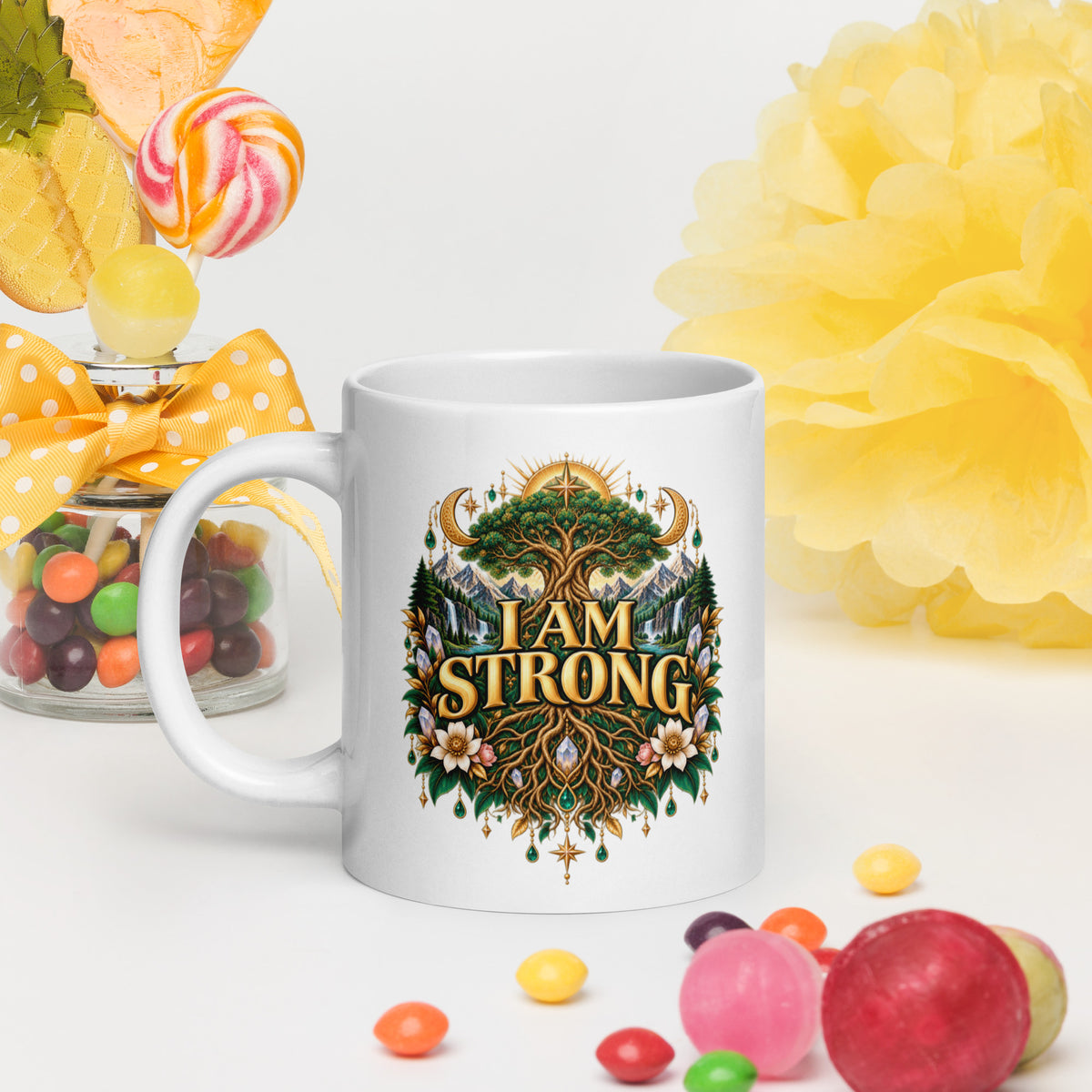 I Am Strong affirmation design, a tree with roots as wide as its canopy, on a white glossy mug, 20 oz, handle on the left