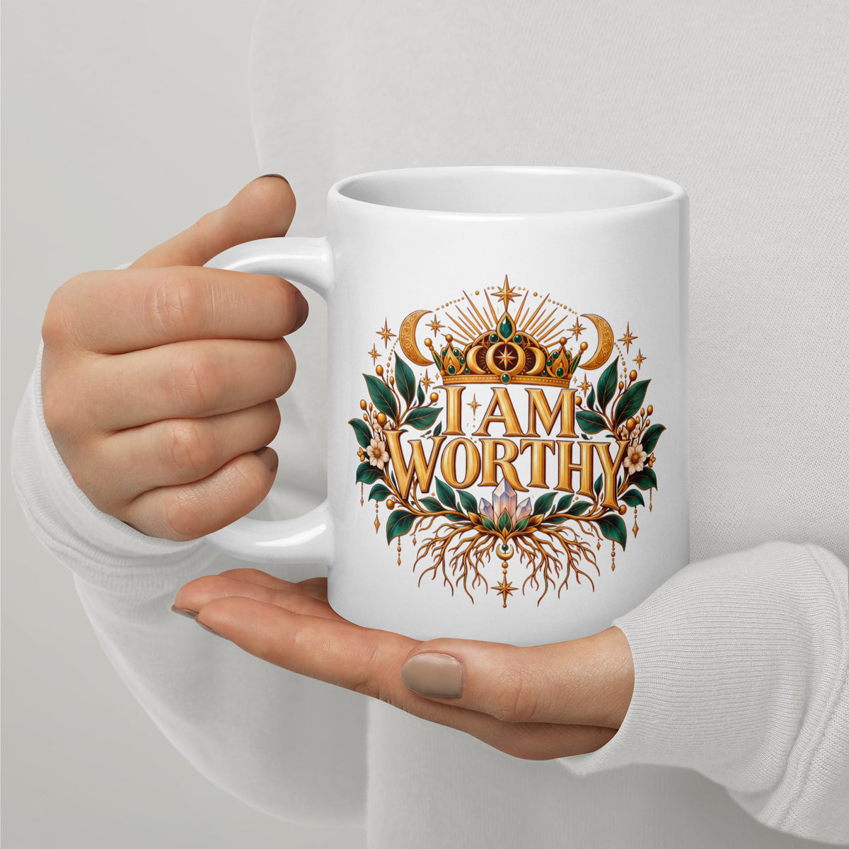 I Am Worthy affirmation design, a crown above the words and roots below, on a white glossy mug, 20 oz, handle on the left