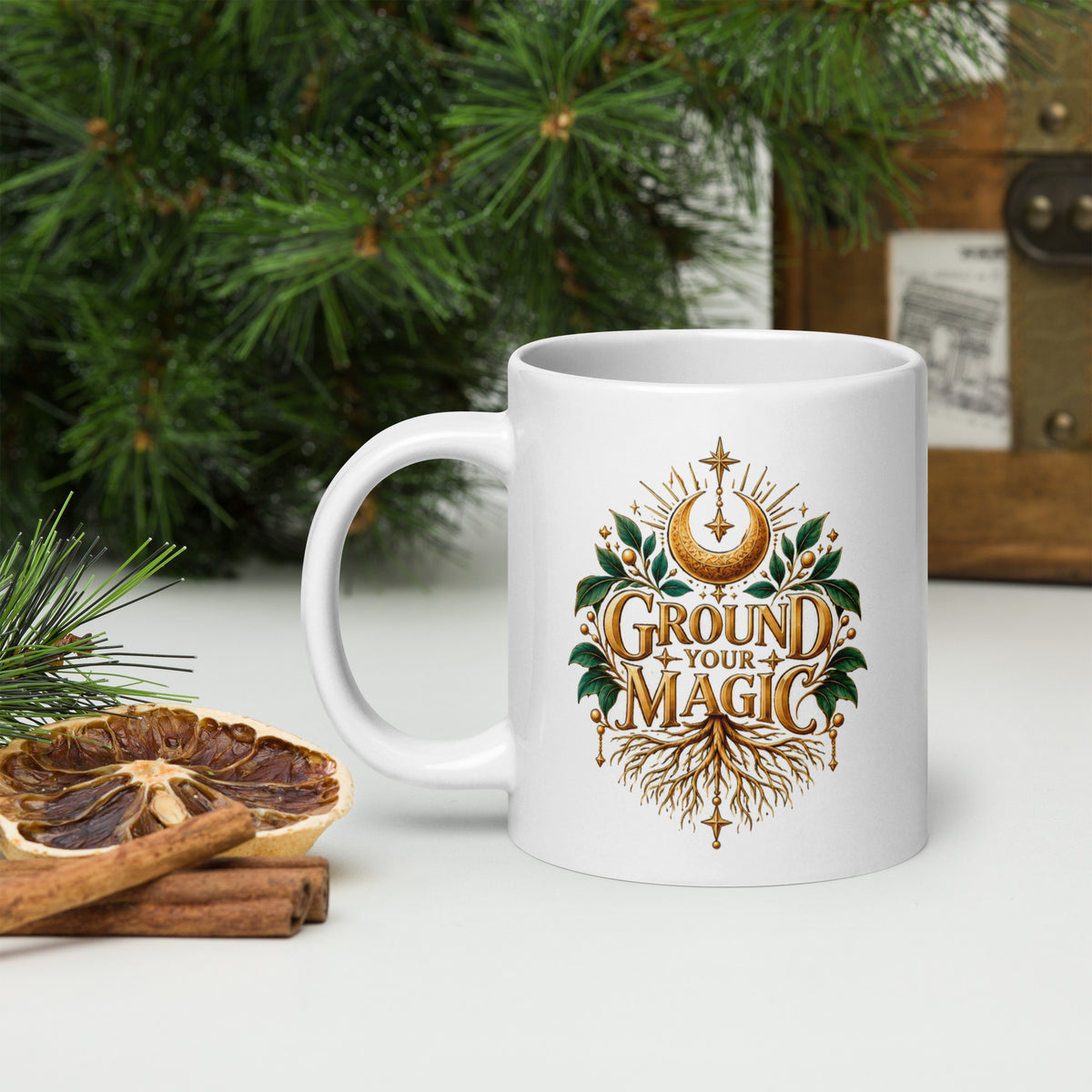 Ground Your Magic design, roots growing from the lettering, on a white glossy mug, 20 oz, handle on the left