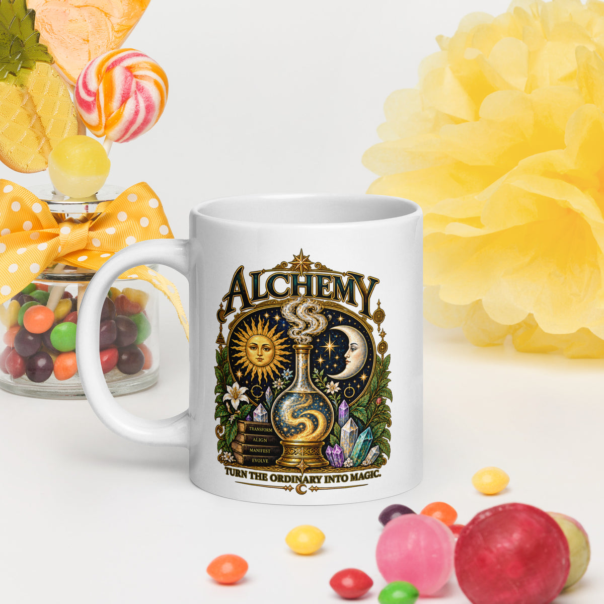 Alchemy, Turn the Ordinary Into Magic design, on a white glossy mug, 20 oz, handle on the left
