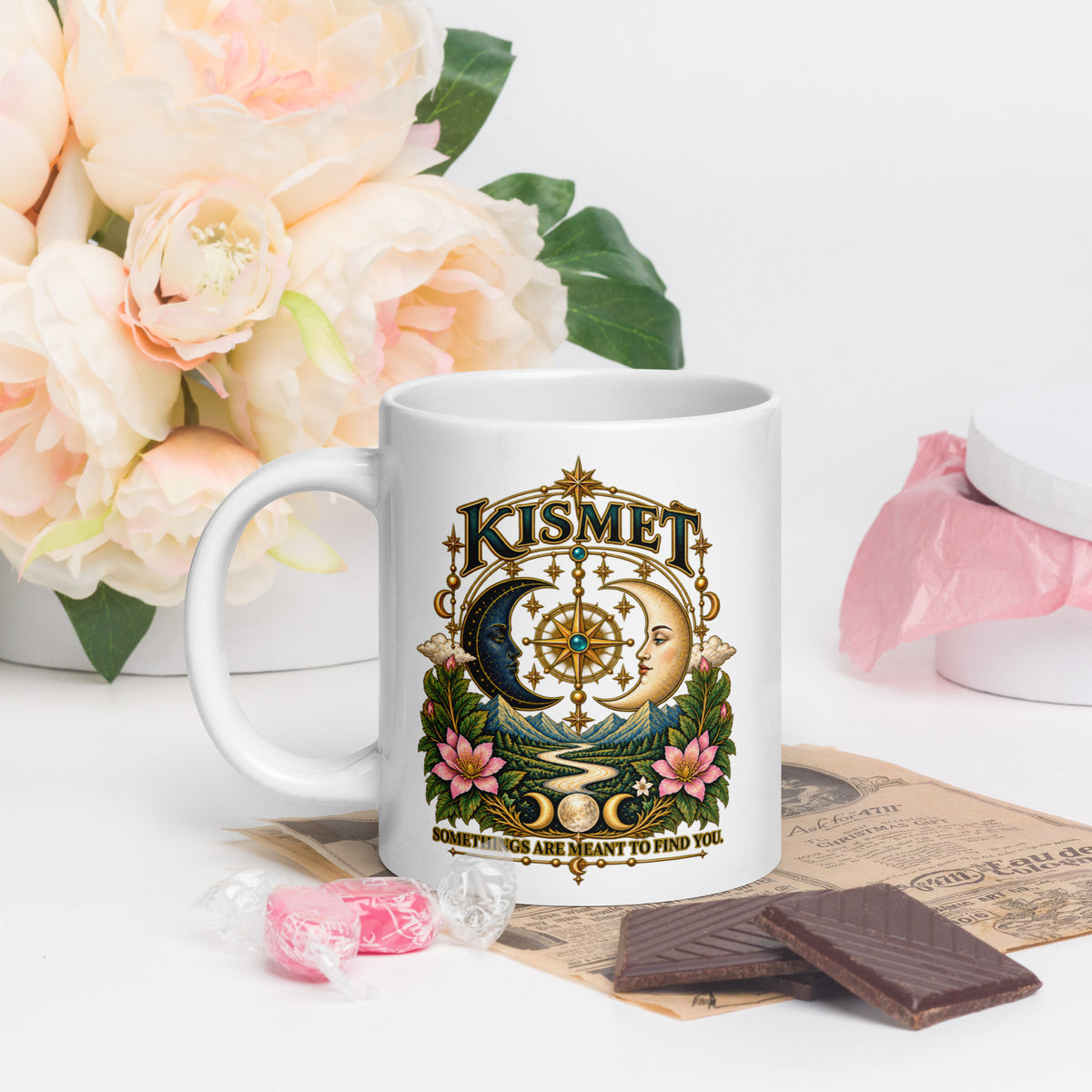 Kismet, Some Things Are Meant To Find You design, on a white glossy mug, 20 oz, handle on the left