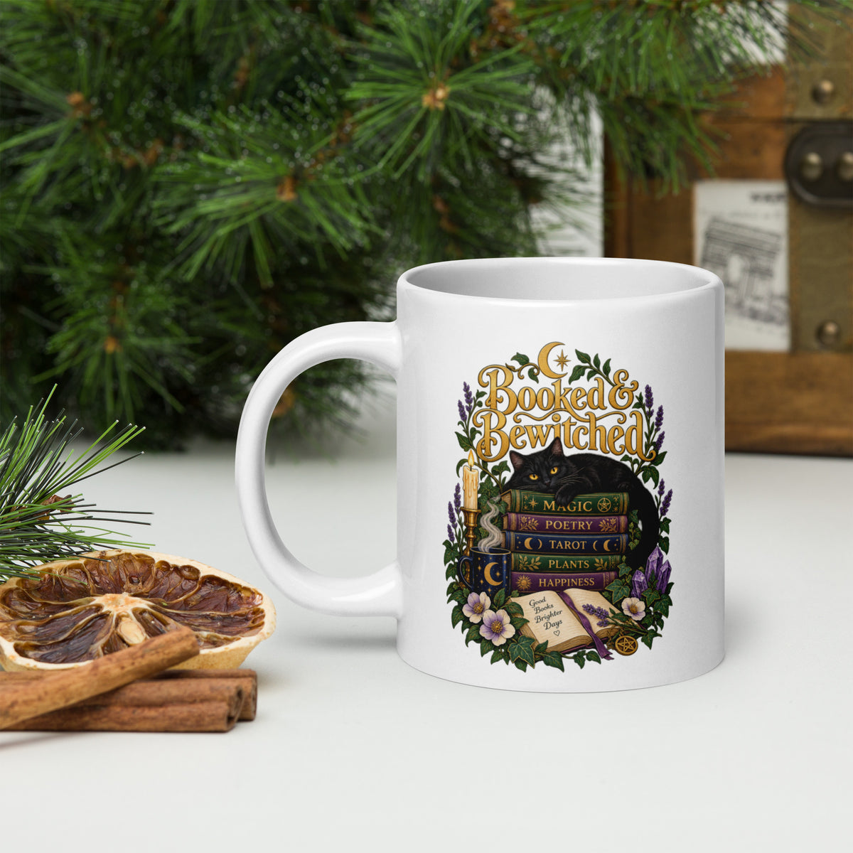Booked and Bewitched dark academia design, a black cat asleep on a stack of spellbooks, on a white glossy mug, 20 oz, handle on the left