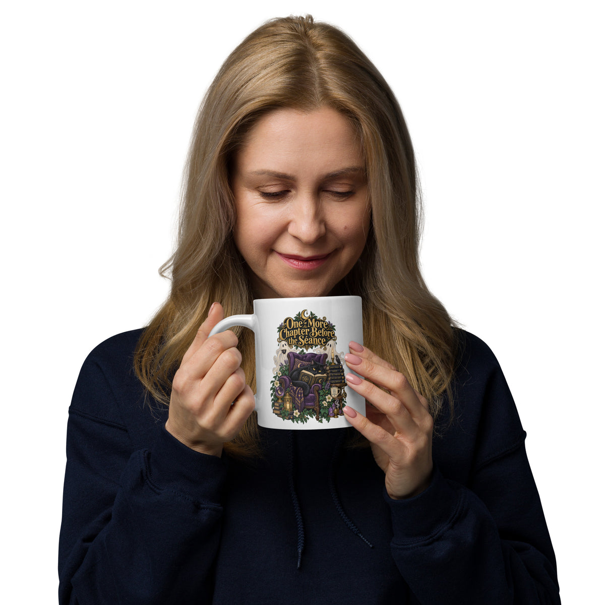One More Chapter Before The Séance dark academia design, a black cat reading in a velvet armchair with two ghosts, on a white glossy mug, 20 oz, handle on the left