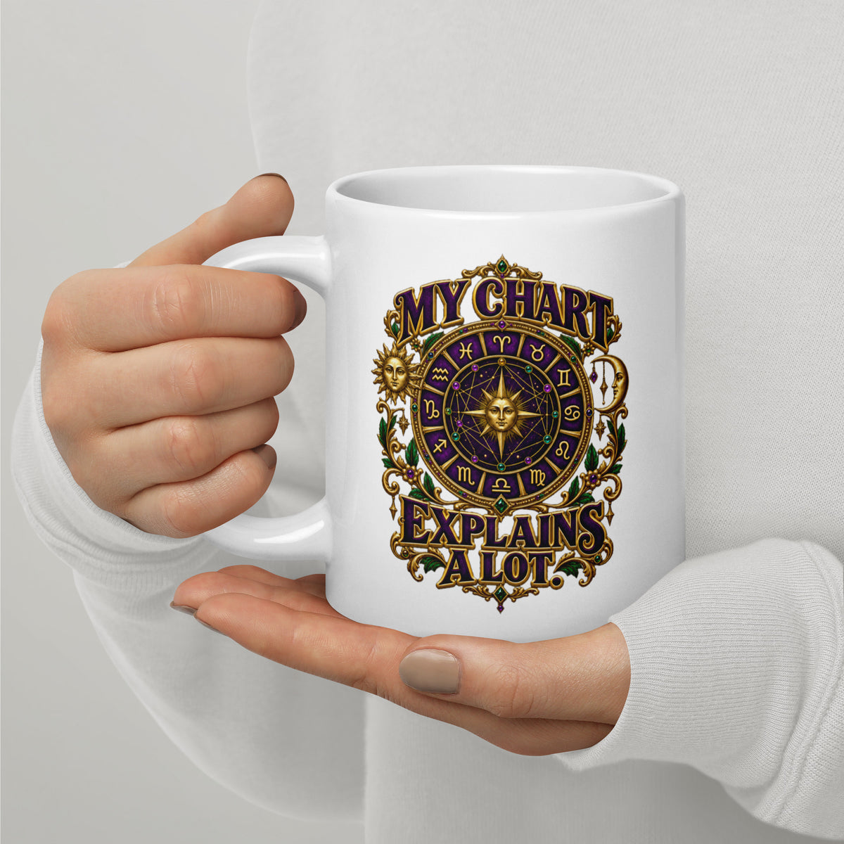 My Chart Explains A Lot astrology design, a purple and gold zodiac wheel with a gold sun face at its center, flanked by a sun and a crescent moon, on a 20 oz white glossy mug, handle on the left