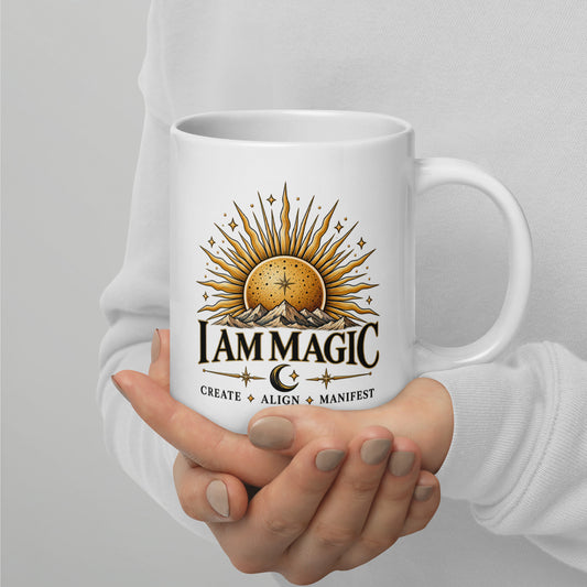 I Am Magic design with a gold sun face, Be Magical collection, on a white glossy mug, 20 oz, handle on the right