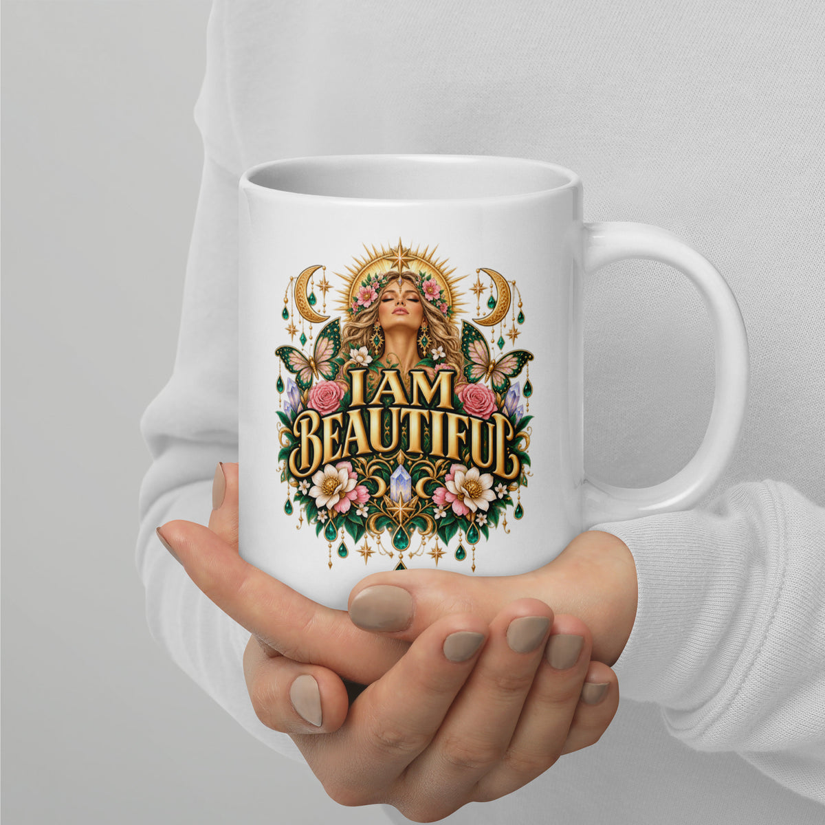 I Am Beautiful affirmation design with roses, butterflies and twin crescents in gold, on a white glossy mug, 20 oz, handle on the right