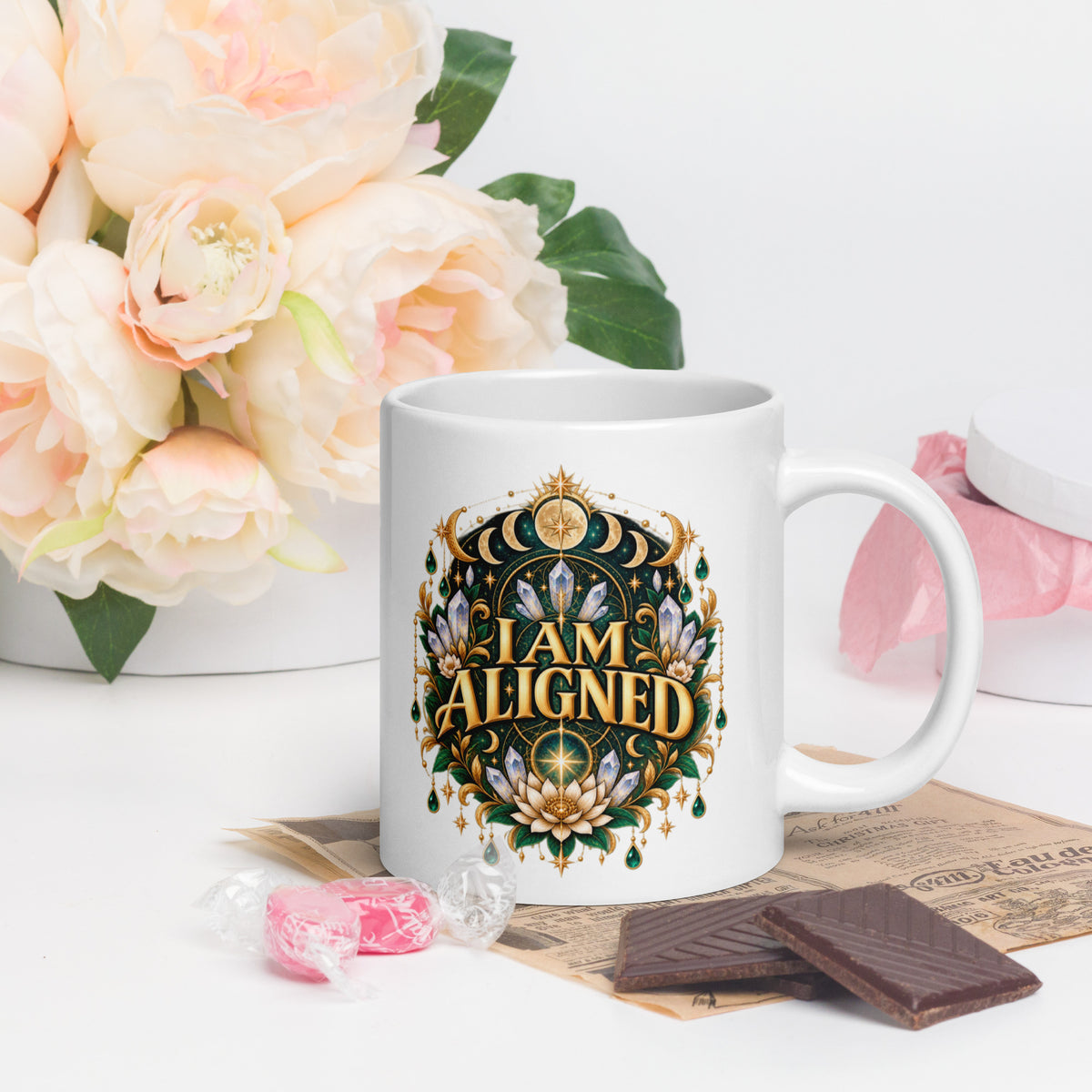 I Am Aligned affirmation design with a lotus, quartz and moon phases in gold, on a white glossy mug, 20 oz, handle on the right