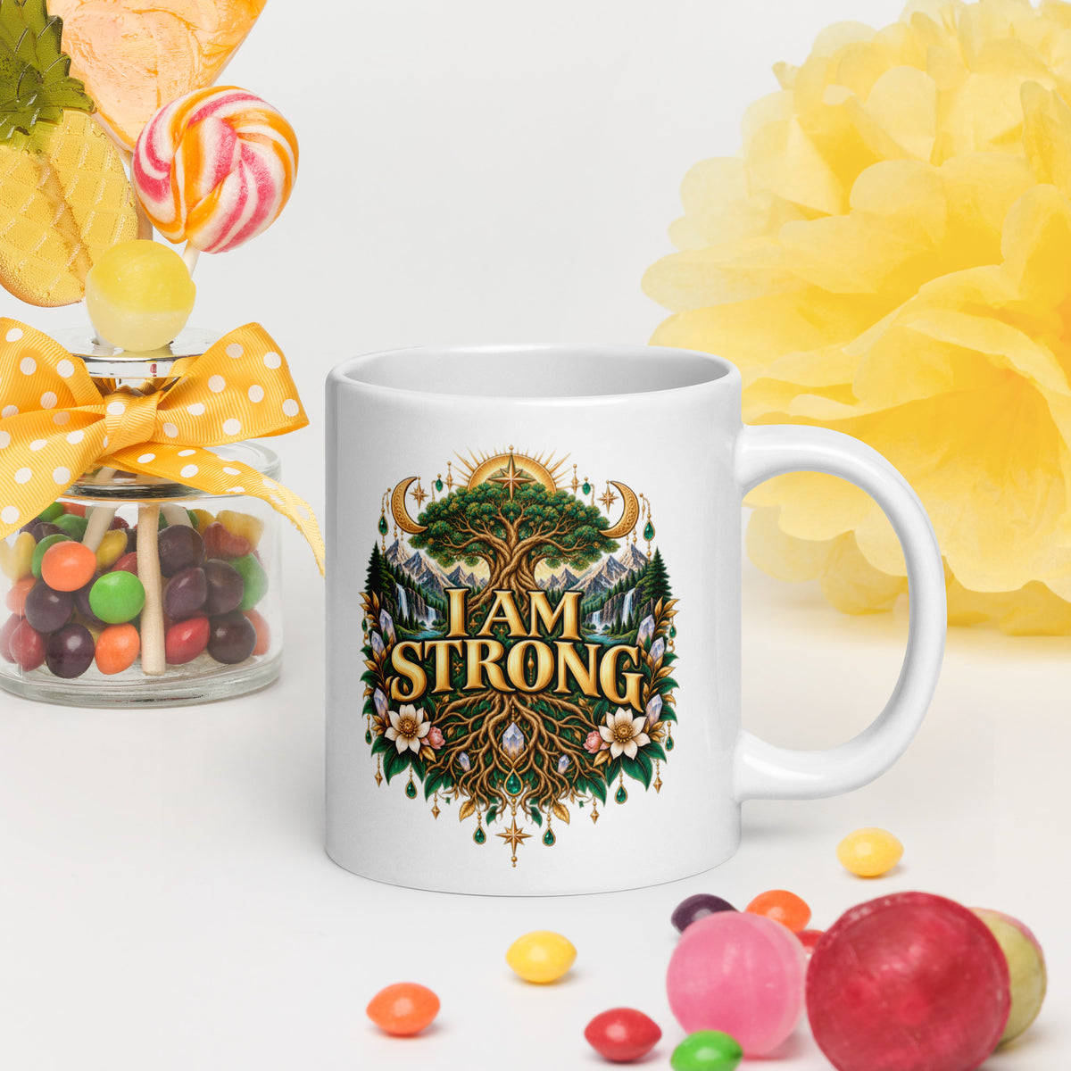 I Am Strong affirmation design, a tree with roots as wide as its canopy, on a white glossy mug, 20 oz, handle on the right