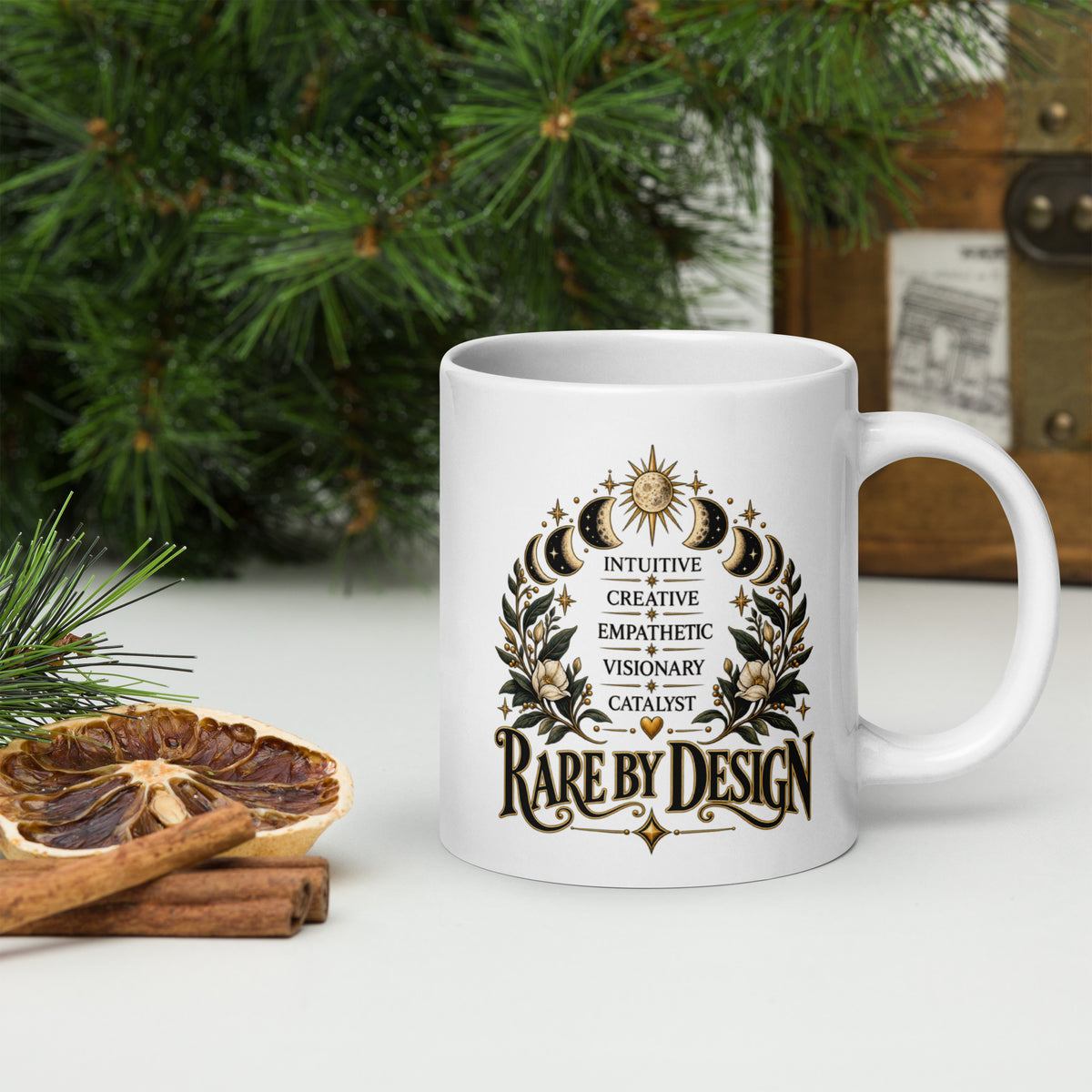 Rare By Design design with the words Intuitive, Creative, Empathic, Visionary, Catalyst, on a white glossy mug, 20 oz, handle on the right