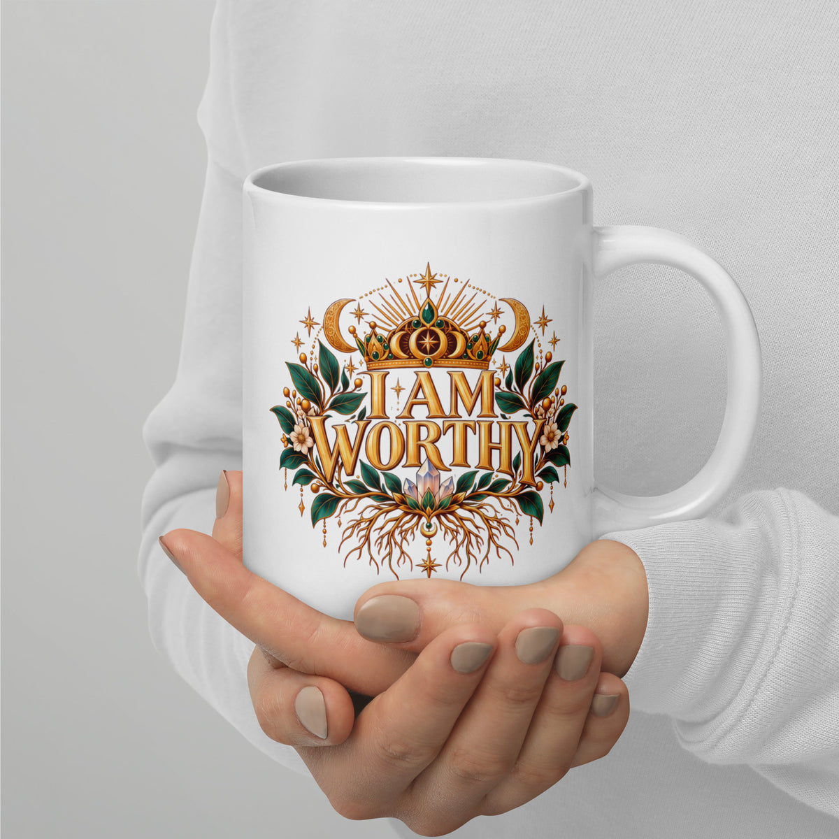 I Am Worthy affirmation design, a crown above the words and roots below, on a white glossy mug, 20 oz, handle on the right