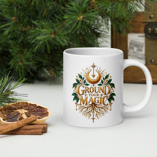 Ground Your Magic design, roots growing from the lettering, on a white glossy mug, 20 oz, handle on the right