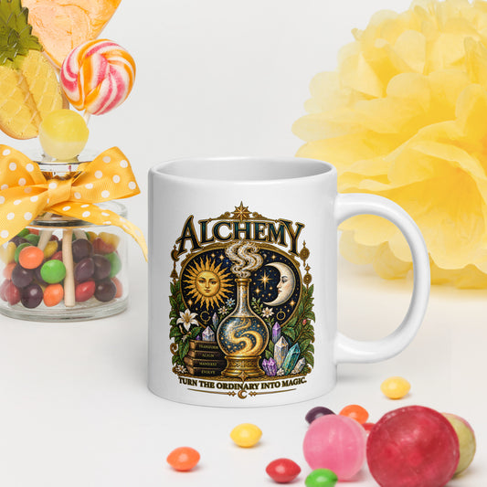 Alchemy, Turn the Ordinary Into Magic design, on a white glossy mug, 20 oz, handle on the right