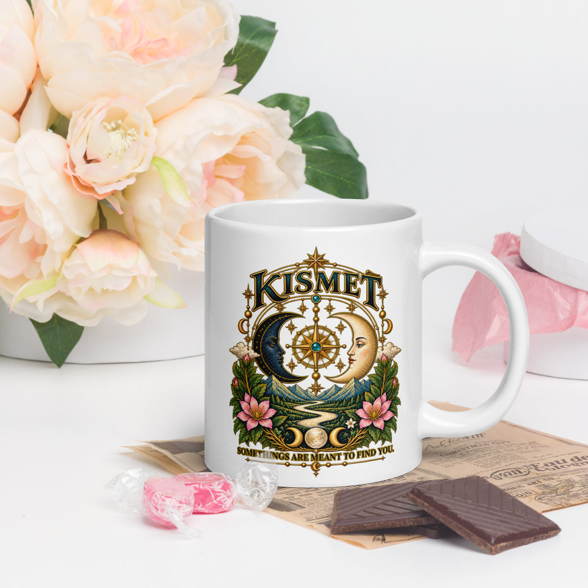 Kismet, Some Things Are Meant To Find You design, on a white glossy mug, 20 oz, handle on the right