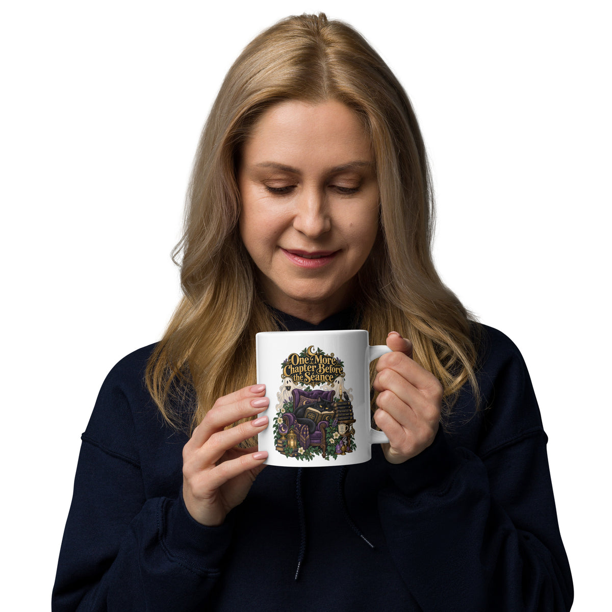 One More Chapter Before The Séance dark academia design, a black cat reading in a velvet armchair with two ghosts, on a white glossy mug, 20 oz, handle on the right