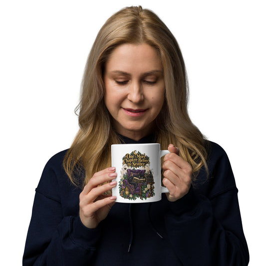 One More Chapter Before The Séance dark academia design, a black cat reading in a velvet armchair with two ghosts, on a white glossy mug, 20 oz, handle on the right