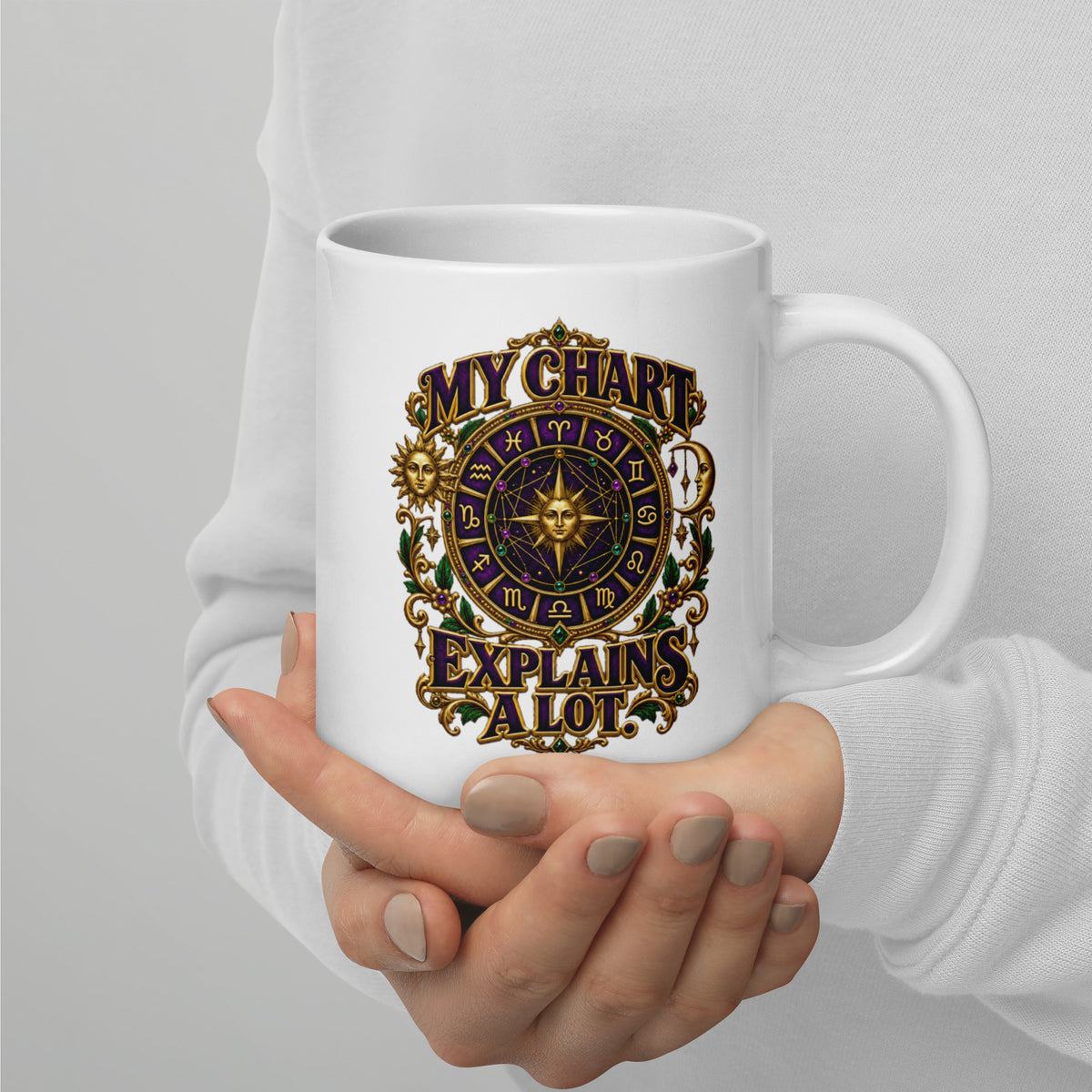 My Chart Explains A Lot astrology design, a purple and gold zodiac wheel with a gold sun face at its center, flanked by a sun and a crescent moon, on a 20 oz white glossy mug, handle on the right