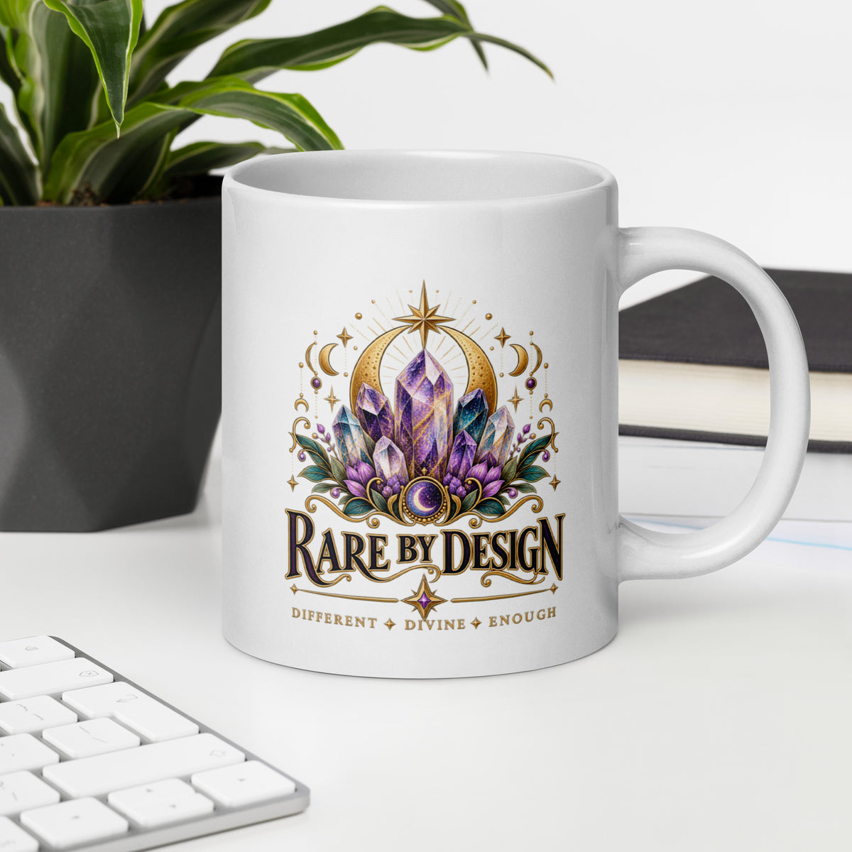 Rare by Design Crystals design, an amethyst cluster, on a white glossy mug, 20 oz, on an office desk