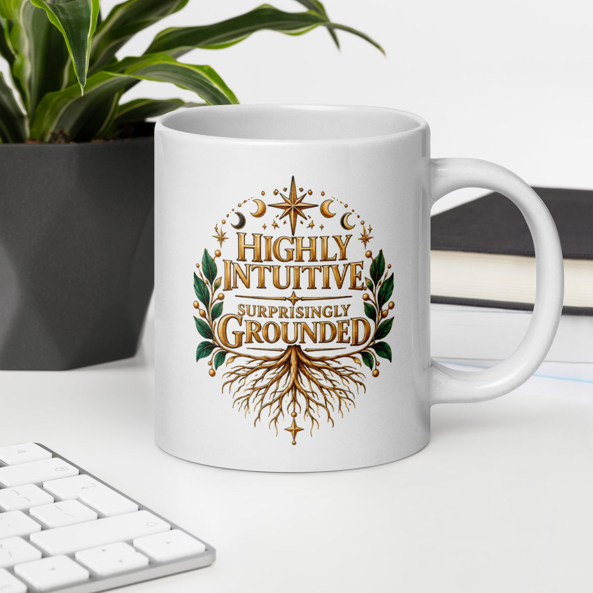 Highly Intuitive, Surprisingly Grounded design, moon phases above and roots below, on a white glossy mug, 20 oz, on an office desk