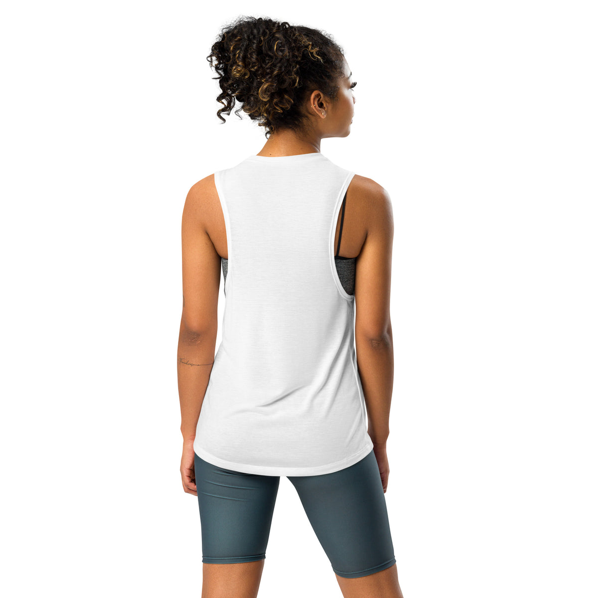 Beginner's Mind design, on a white ladies' muscle tank, back view