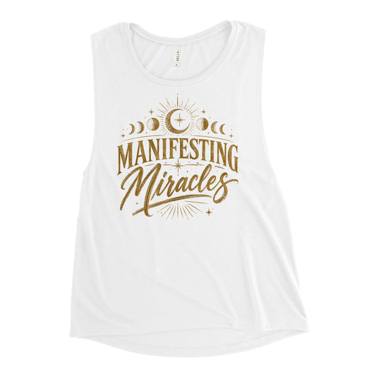 Manifesting Miracles design with moon phases in antique gold, on a white ladies' muscle tank, front view