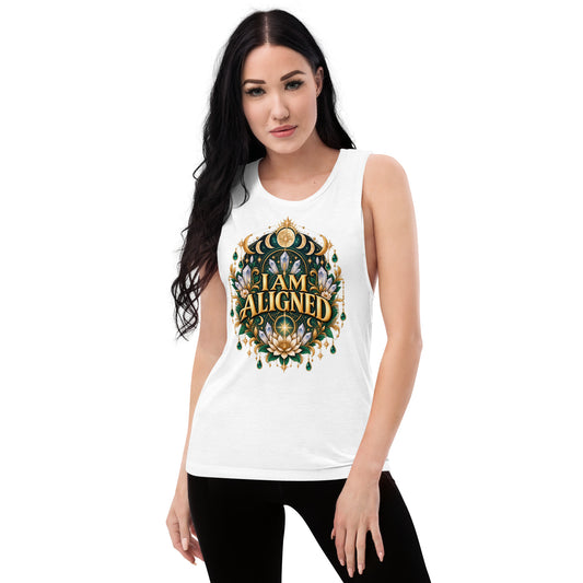 I Am Aligned affirmation design with a lotus, quartz and moon phases in gold, on a white ladies' muscle tank, front view
