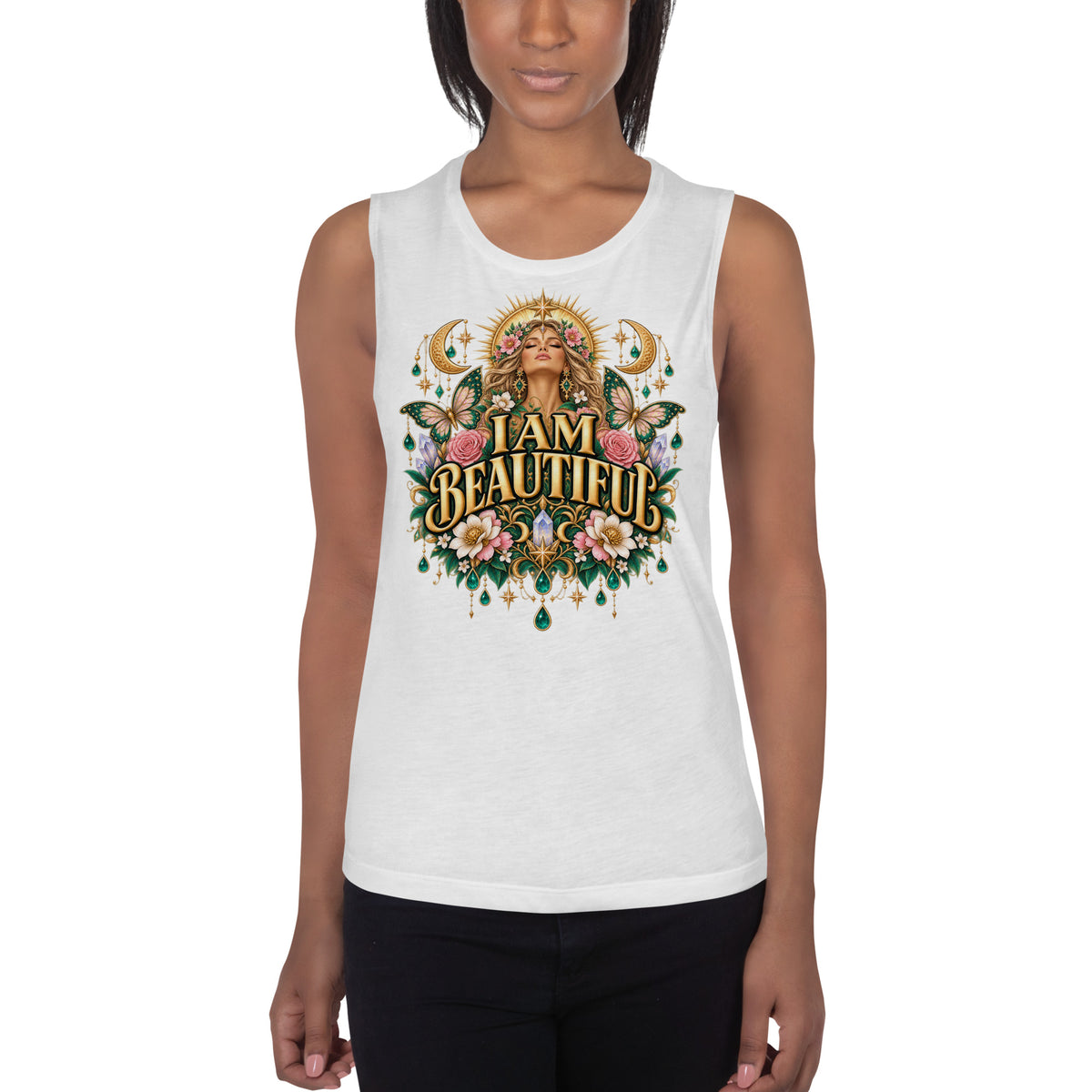 I Am Beautiful affirmation design with roses, butterflies and twin crescents in gold, on a white ladies' muscle tank, front view