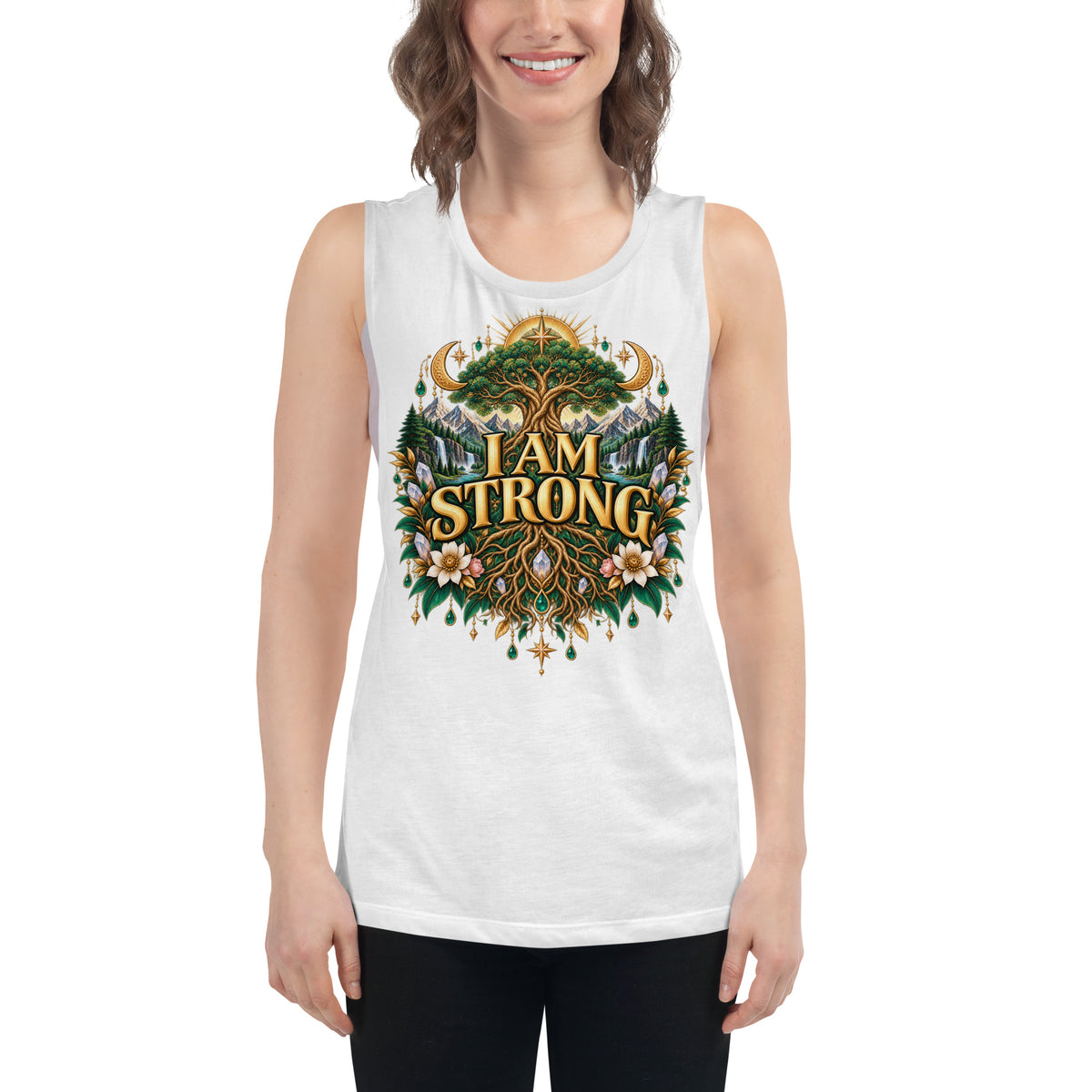 I Am Strong affirmation design, a tree with roots as wide as its canopy, on a white ladies' muscle tank, front view