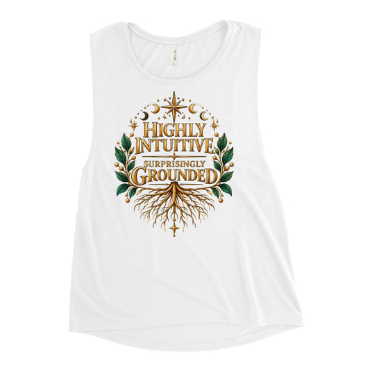 Highly Intuitive, Surprisingly Grounded design, moon phases above and roots below, on a white ladies' muscle tank, front view
