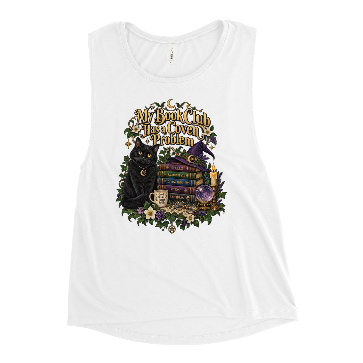 My Book Club Has A Coven Problem dark academia design, a witchy black cat, a crystal ball and a stack of spellbooks, on a white ladies muscle tank, front view