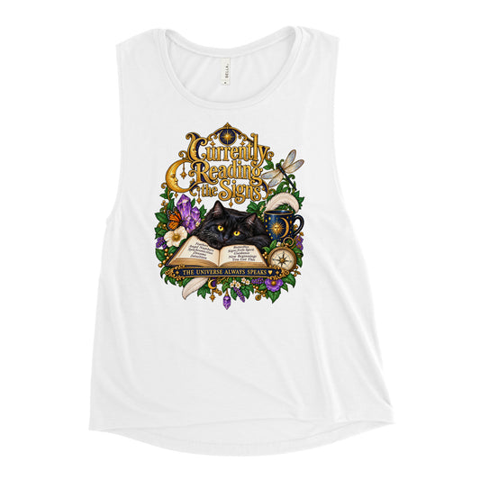Currently Reading The Signs dark academia design, two black cats asleep over an open book beneath a crescent moon, on a white ladies muscle tank, front view