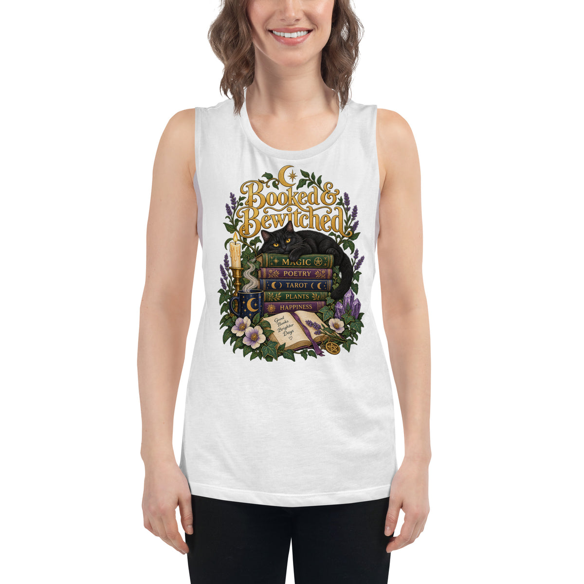 Booked and Bewitched dark academia design, a black cat asleep on a stack of spellbooks, on a white ladies muscle tank, front view