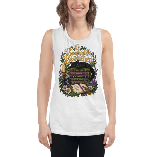 Booked and Bewitched dark academia design, a black cat asleep on a stack of spellbooks, on a white ladies muscle tank, front view