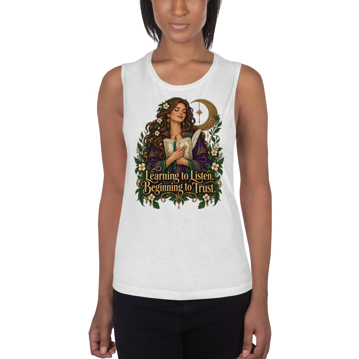 Learning To Listen, Beginning To Trust design, on a white ladies' muscle tank, front view