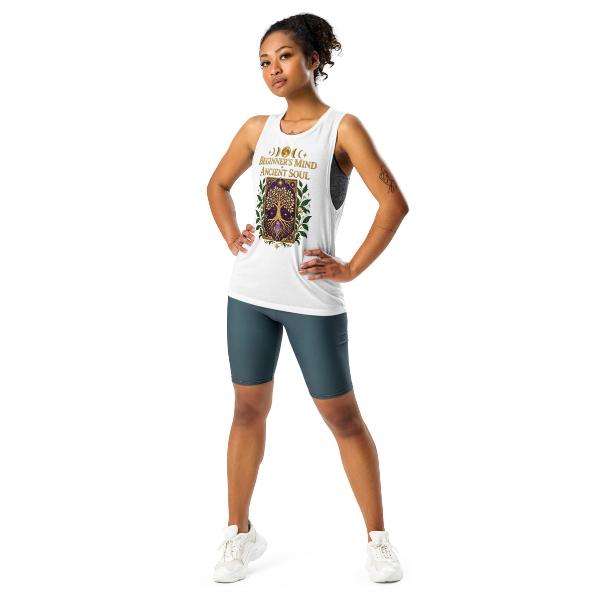 Beginner's Mind design, on a white ladies' muscle tank, front view