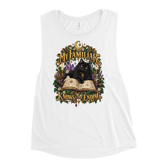 Black cat familiar on a grimoire with amethyst and ivy, witchy cat design on a white ladies muscle tank