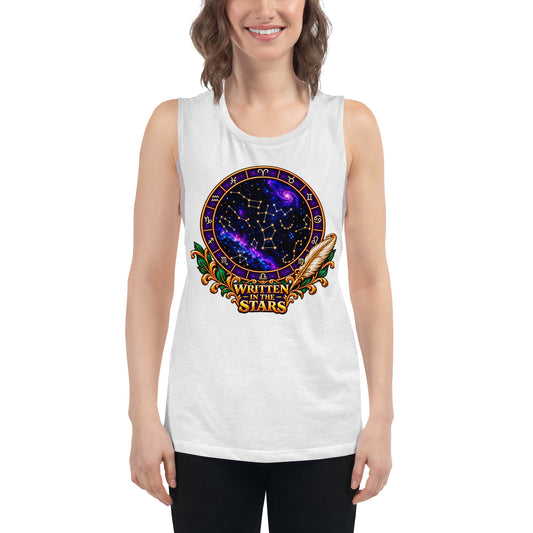 Written In The Stars astrology design, a zodiac wheel of constellations and a galaxy framed by gold scrollwork and a feather quill, on a white ladies muscle tank, front view