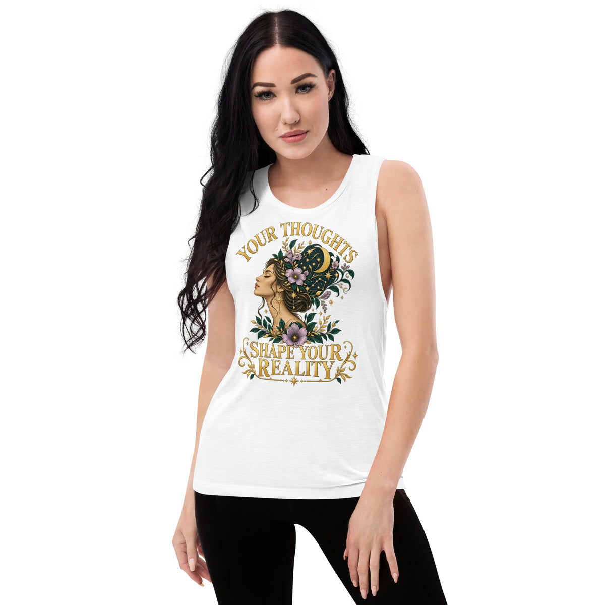 Your Thoughts Shape Your Reality ladies' muscle tank in white, front view worn, showing the relaxed fit and low armholes.