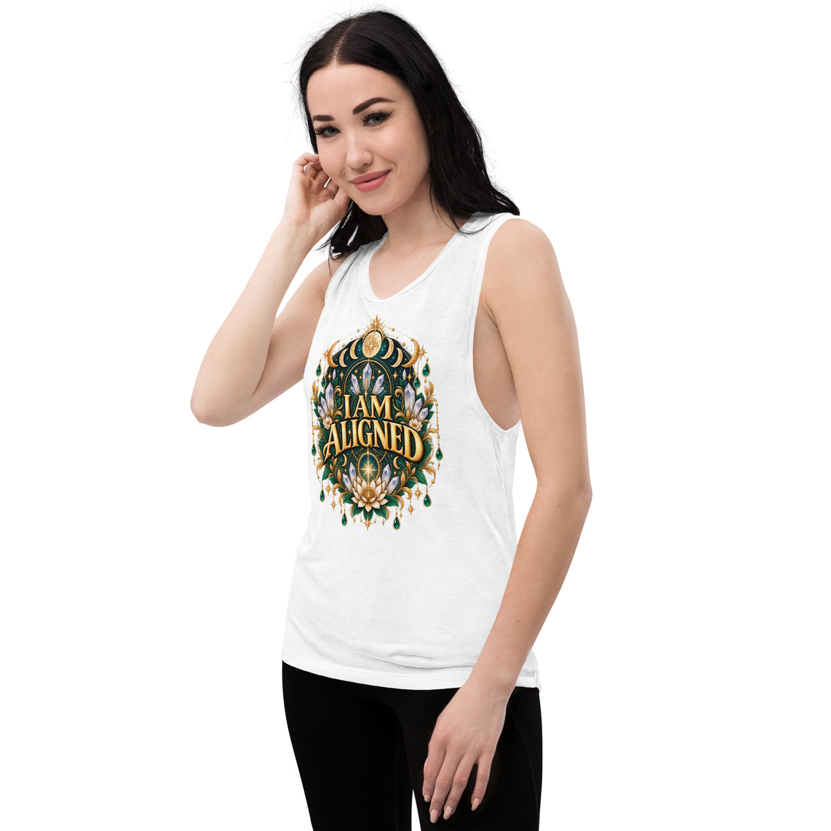 I Am Aligned affirmation design with a lotus, quartz and moon phases in gold, on a white ladies' muscle tank, angled left front view