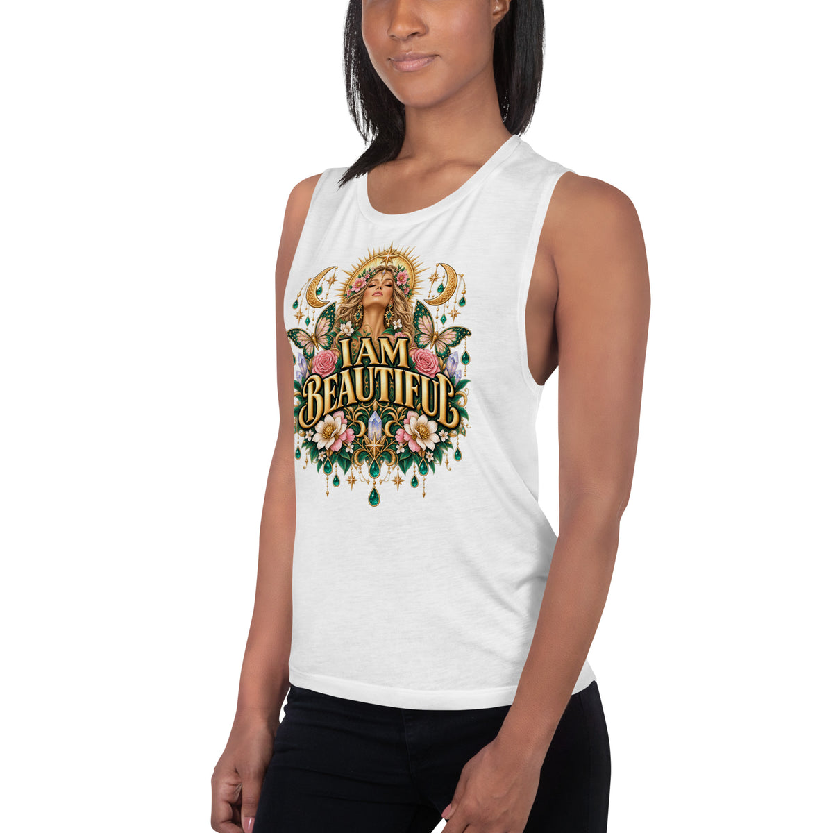 I Am Beautiful affirmation design with roses, butterflies and twin crescents in gold, on a white ladies' muscle tank, angled left front view